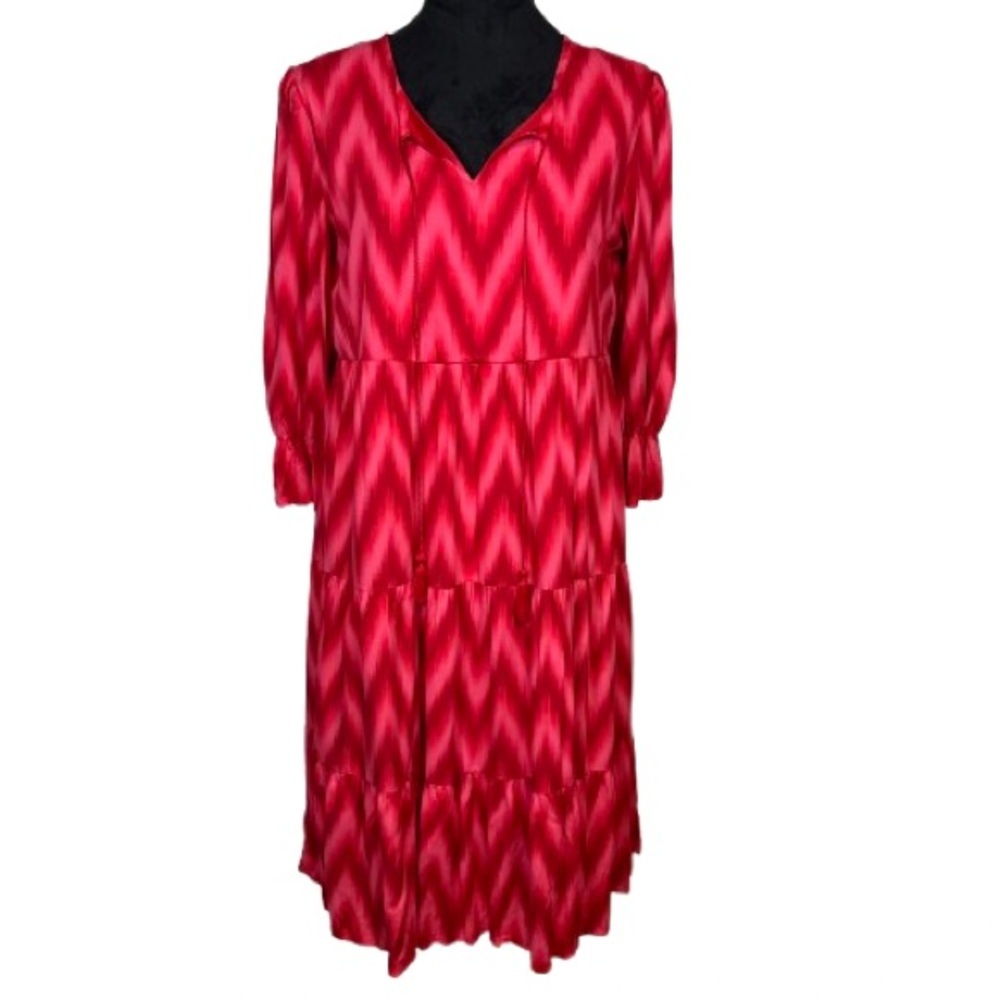 Indigo Soul Red Ikat Print Tiered Dress Size Small Boho Peasant Midi